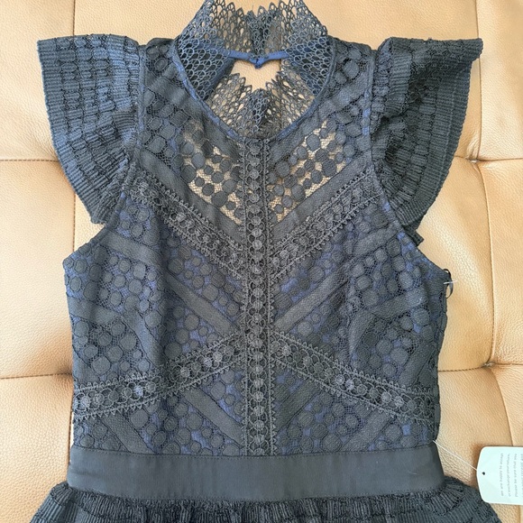 Chelsea28 Black Lace Midi Dress with Peplum Waist - Picture 4 of 12